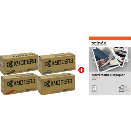 Kyocera TK-5270 MCVP 01 Schwarz / Cyan / Magenta / Gelb Value Pack + Prindo Universal Papier 500 Blatt