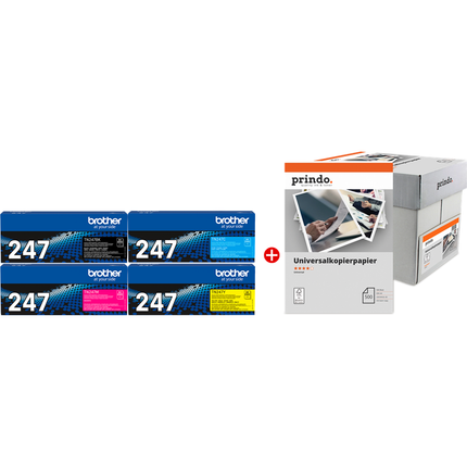 Brother TN-247 MCVP 01 Schwarz / Cyan / Magenta / Gelb Value Pack + Prindo Universal Papier 2500 Blatt