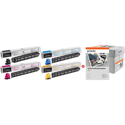 Kyocera TK-8345 MCVP 01 Schwarz / Cyan / Magenta / Gelb / Weiss Value Pack + Prindo Universal Papier 2500 Blatt