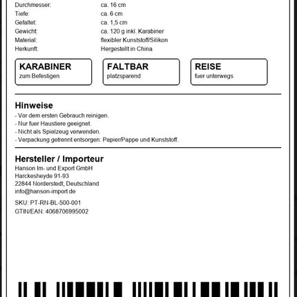 Reisenapf Zusammenfaltbarer für Tiere, 500 ml, mit Karabinerhaken