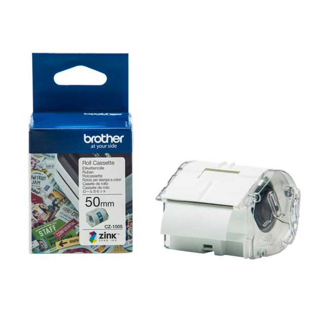 Brother CZ-1005 Farbetikettenrolle 50mm x 5m Weiss / Transparent