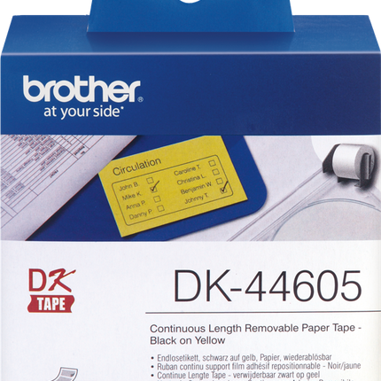 Brother DK-44605 Endlosetiketten wiederablösbar 62mm x 30,48m Schwarz auf Gelb