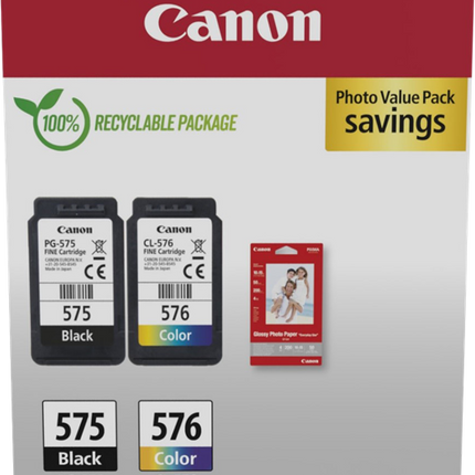 Canon PG-575+CL-576 Schwarz / mehrere Farben / Weiss Value Pack + 10x15 cm Fotopapier 50 Blatt