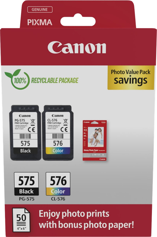 Canon PG-575+CL-576 Schwarz / mehrere Farben / Weiss Value Pack + 10x15 cm Fotopapier 50 Blatt