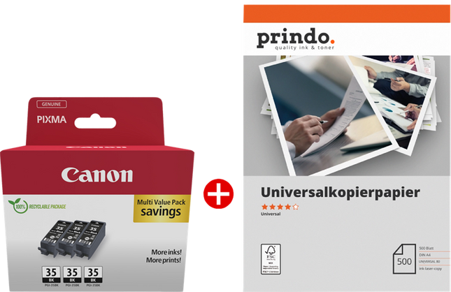 Canon PGI-35BK 3er MCVP Schwarz / Weiss Value Pack + Prindo Universal Papier 500 Blatt