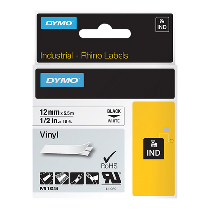 DYMO 18444 Vinyl-Band Rhino IND 12mm x 5,5m Schriftband Schwarz auf Weiß