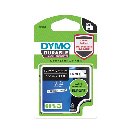 DYMO 1978364 D1 Vinylband 12mm x 5,5m Schriftband Schwarz auf Weiß
