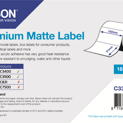 Epson Premium Matte Label - 102 x 51mm