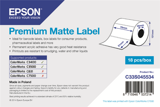 Epson Premium Matte Label - 76 x 51mm Weiss