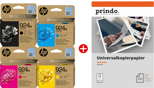 HP + Prindo Universal Papier 500 Blatt Schwarz / Cyan / Magenta / Gelb / Weiss Value Pack 924e MCVP
